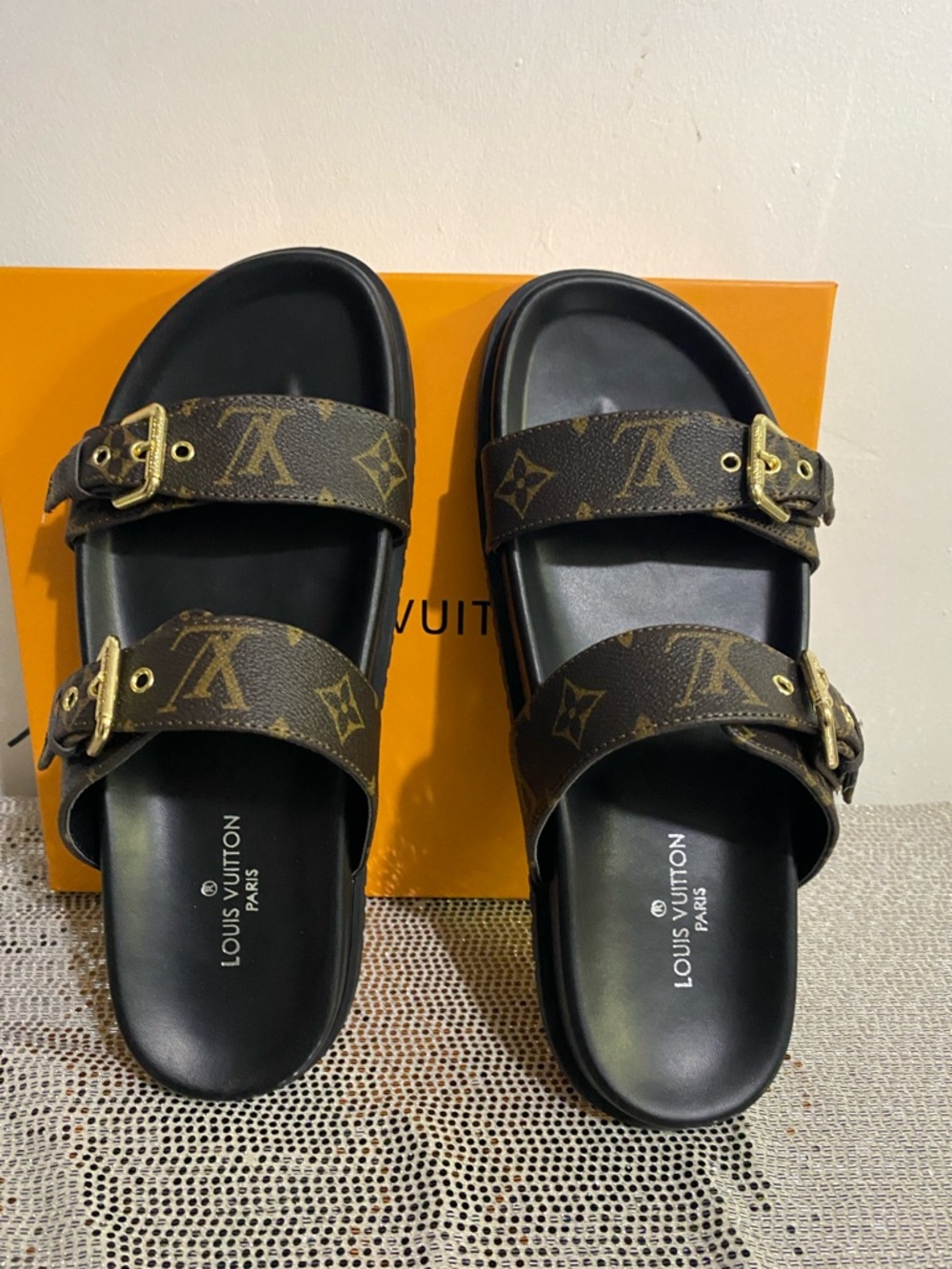 Louis Vuitton Men's Monogram Double-Buckle Sandals in Brown and Black